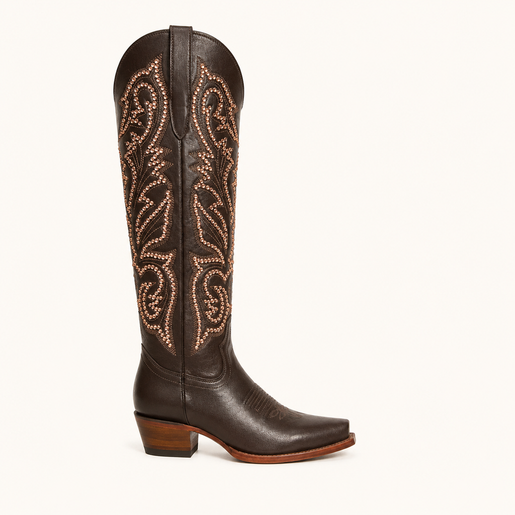 Bota Alta Café con Remaches Oro Estrella — Jr Robert Western