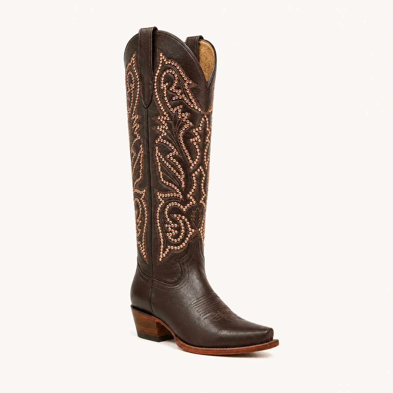 Bota Alta Café con Remaches Oro Estrella — Jr Robert Western