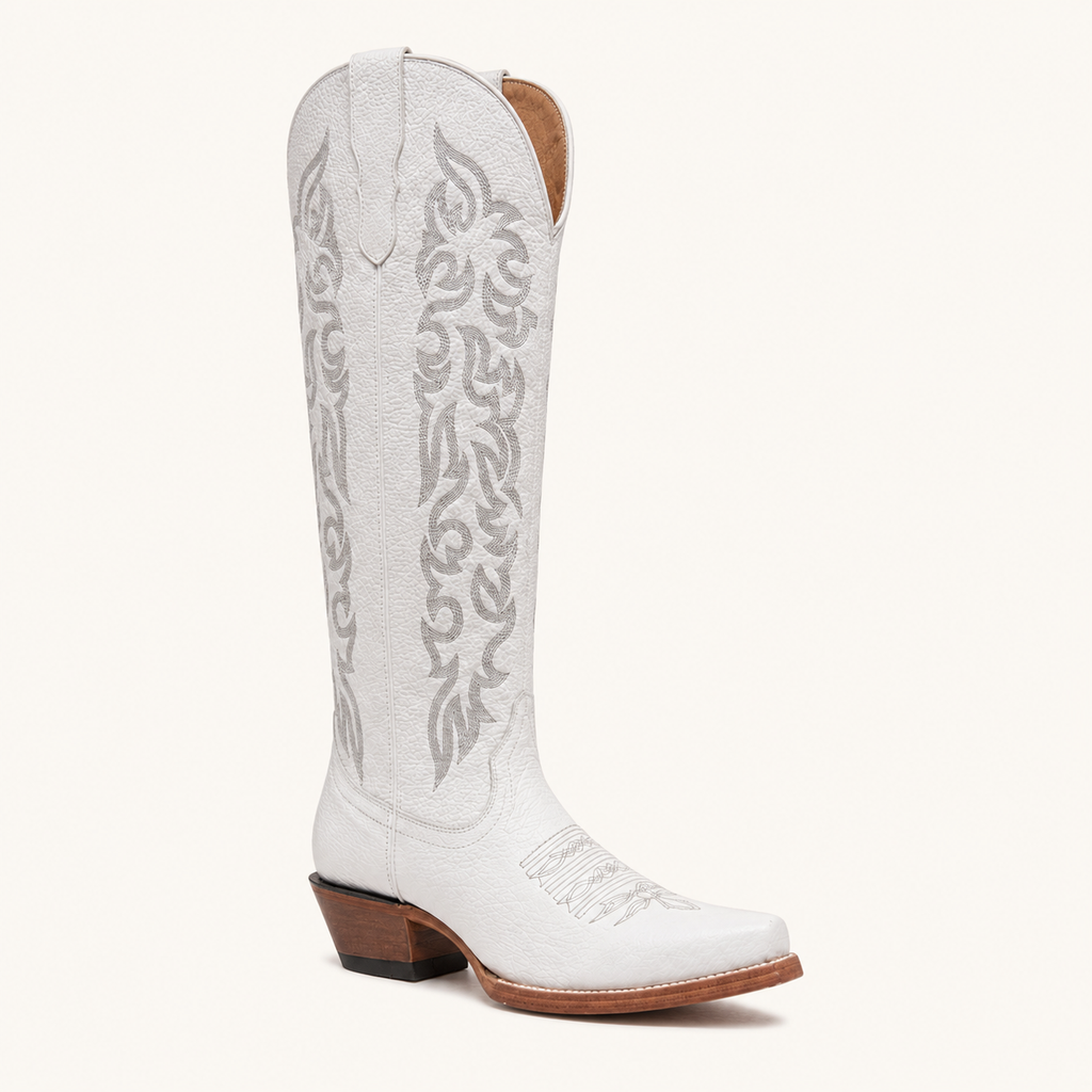 Bota Alta Blanca Bordado Gris Perla — Valentina