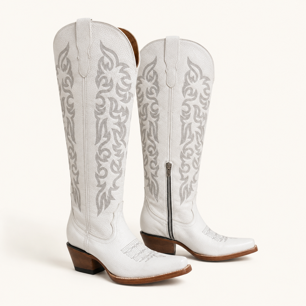 Bota Alta Blanca Bordado Gris Perla — Valentina