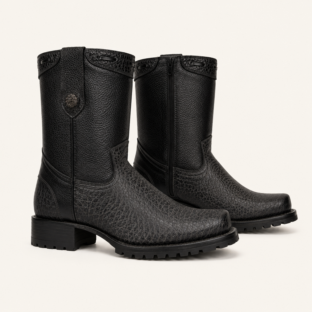 Buffalo Black Bison-Embossed Tractor Sole Boot — Armenta