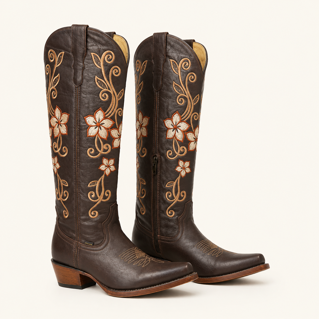 Magnolia Floral Embroidered Coffee Boot — Cruzalta