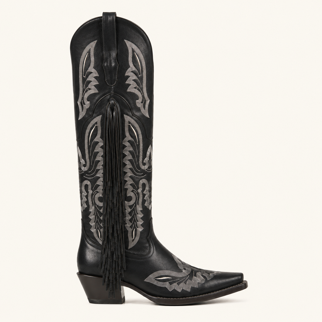 Bota Negra con Flecos y Bordado Gitana — Esja Boots