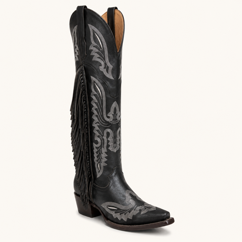 Bota Negra con Flecos y Bordado Gitana — Esja Boots