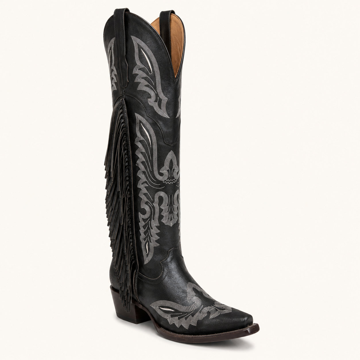 Bota Negra con Flecos y Bordado Gitana — Esja Boots