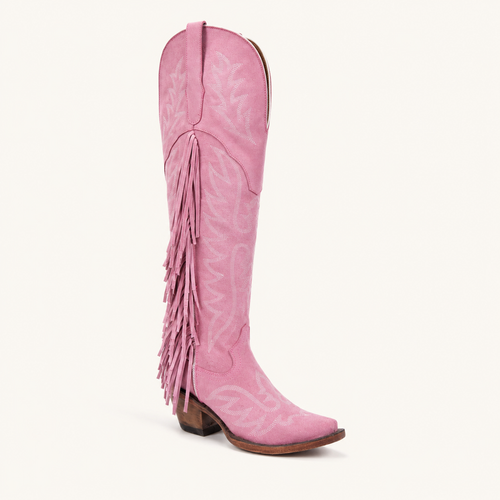 Bota Alta Gamuza Rosa con Flecos Rosalinda — Forajidas