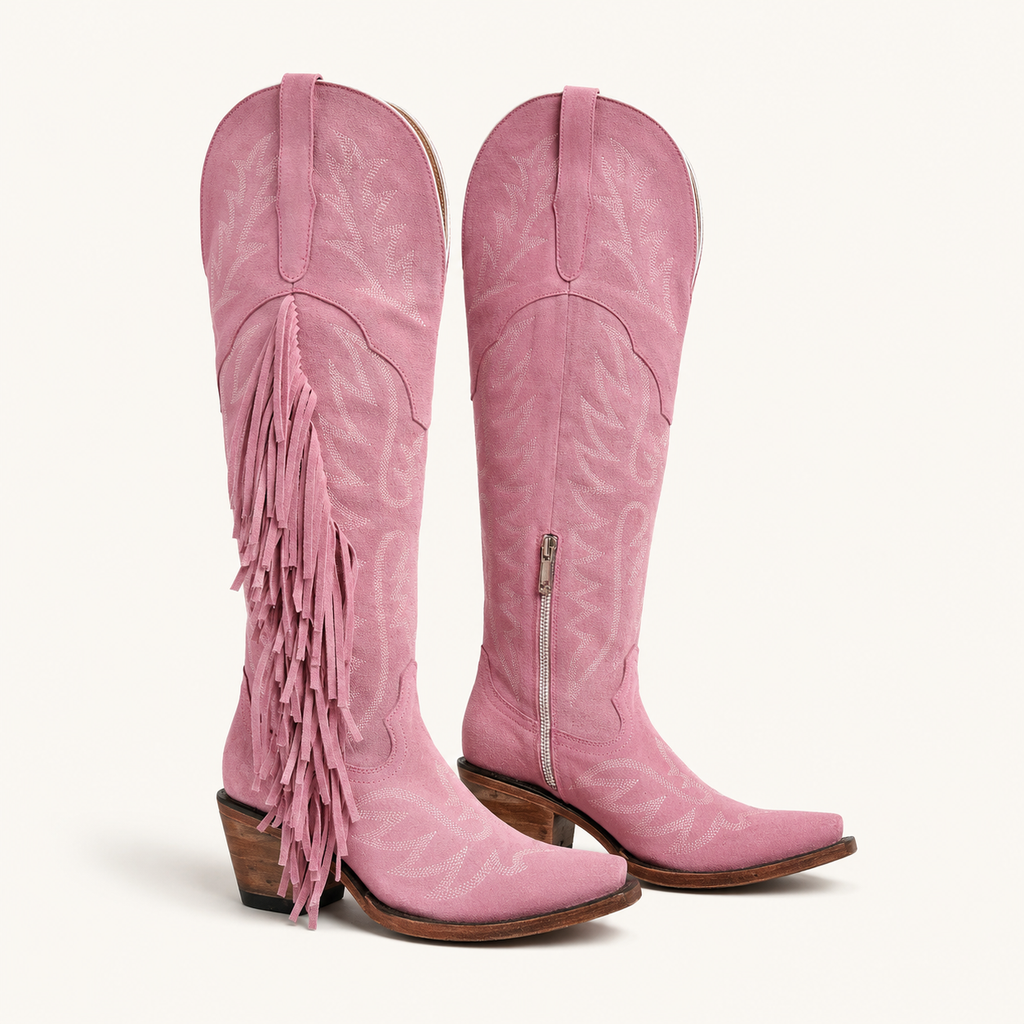 Bota Alta Gamuza Rosa con Flecos Rosalinda — Forajidas