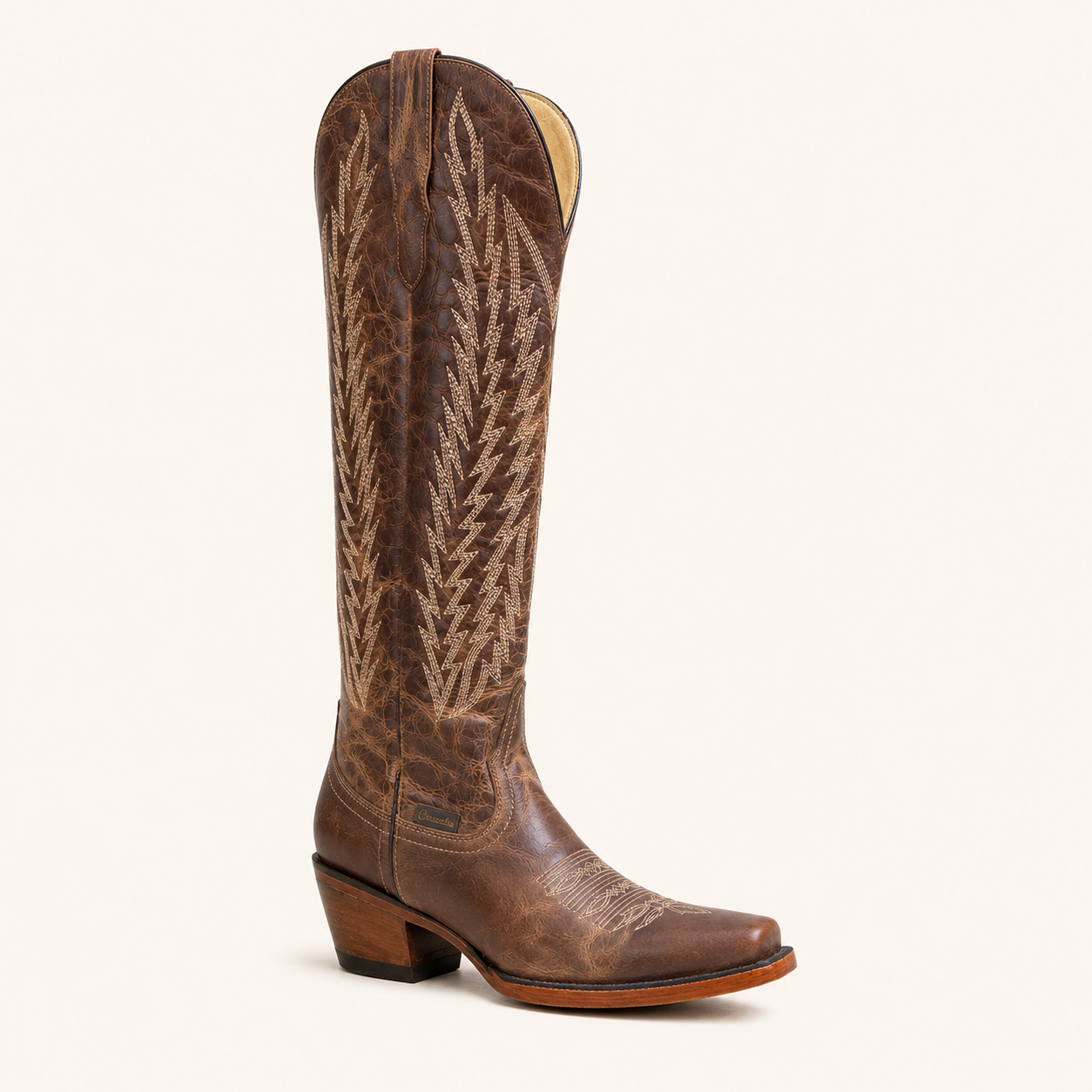 Extra-High Brown Boot with Embroidered Wheat Design — Cruzalta