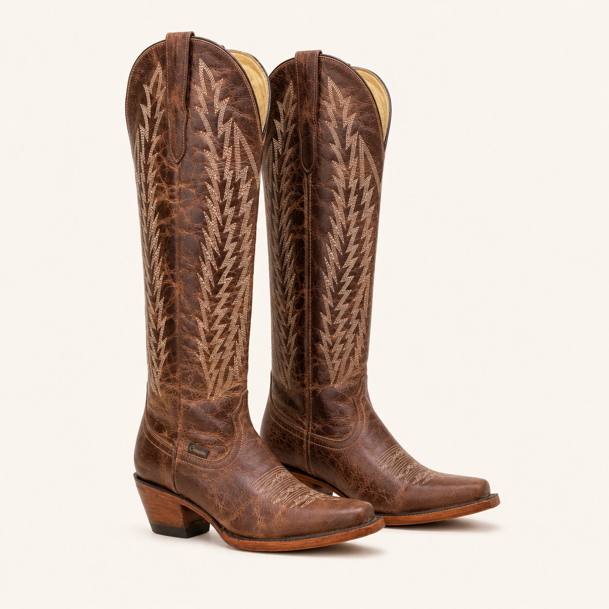 Extra-High Brown Boot with Embroidered Wheat Design — Cruzalta