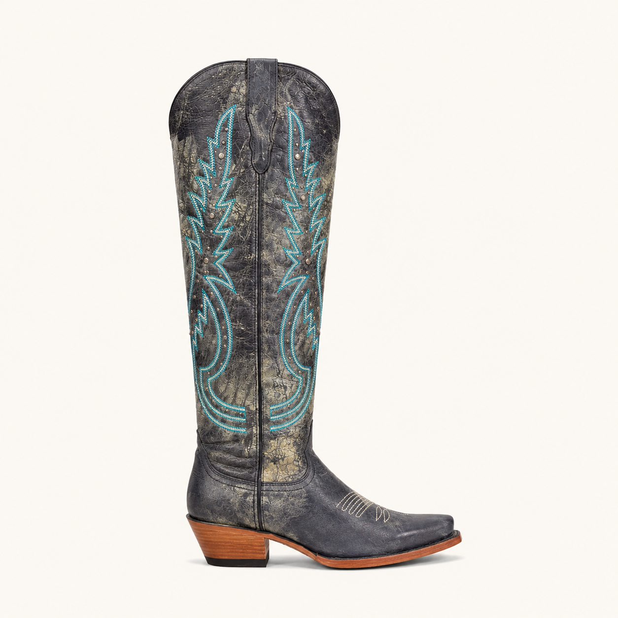 Grey Tall Boot with Turquoise Embroidery