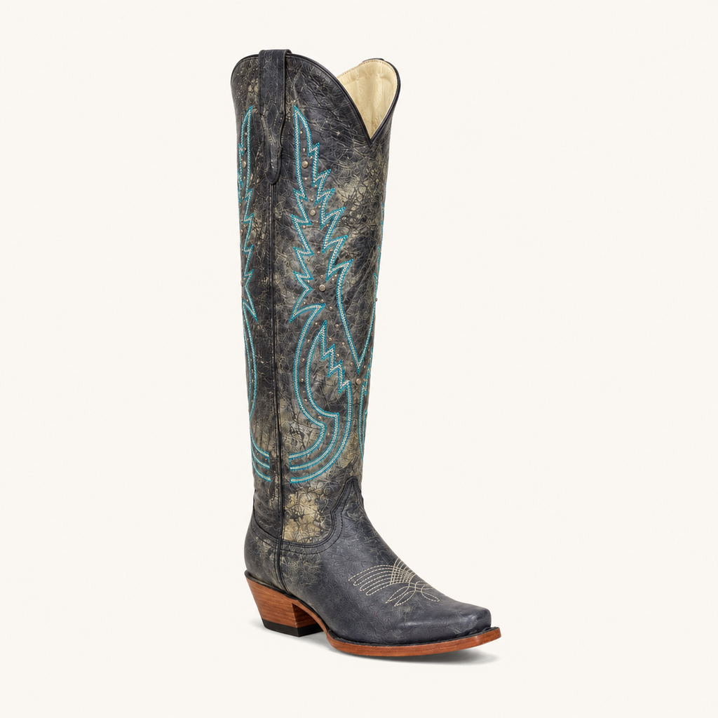 Bota Alta Gris Bordado Turquesa