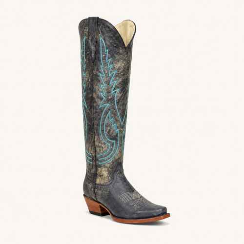 Bota Alta Gris Bordado Turquesa