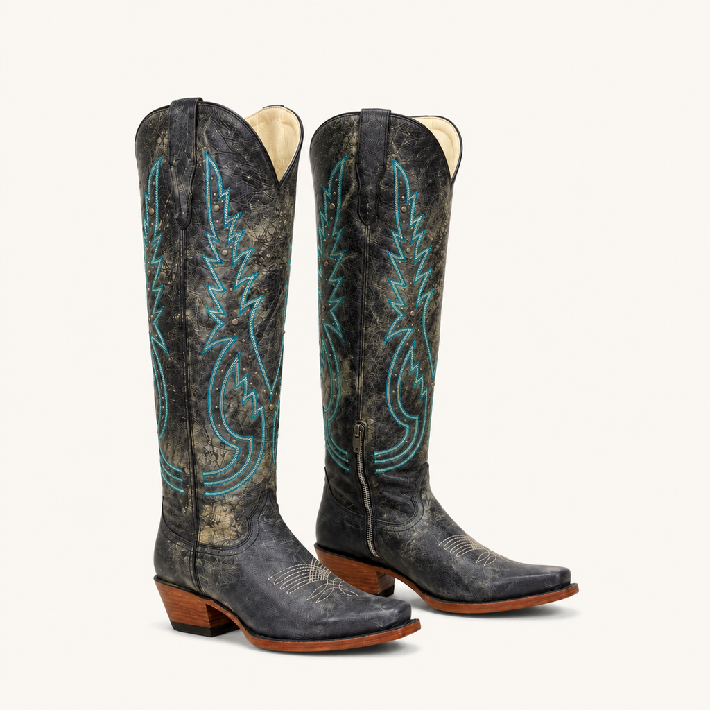 Bota Alta Gris Bordado Turquesa