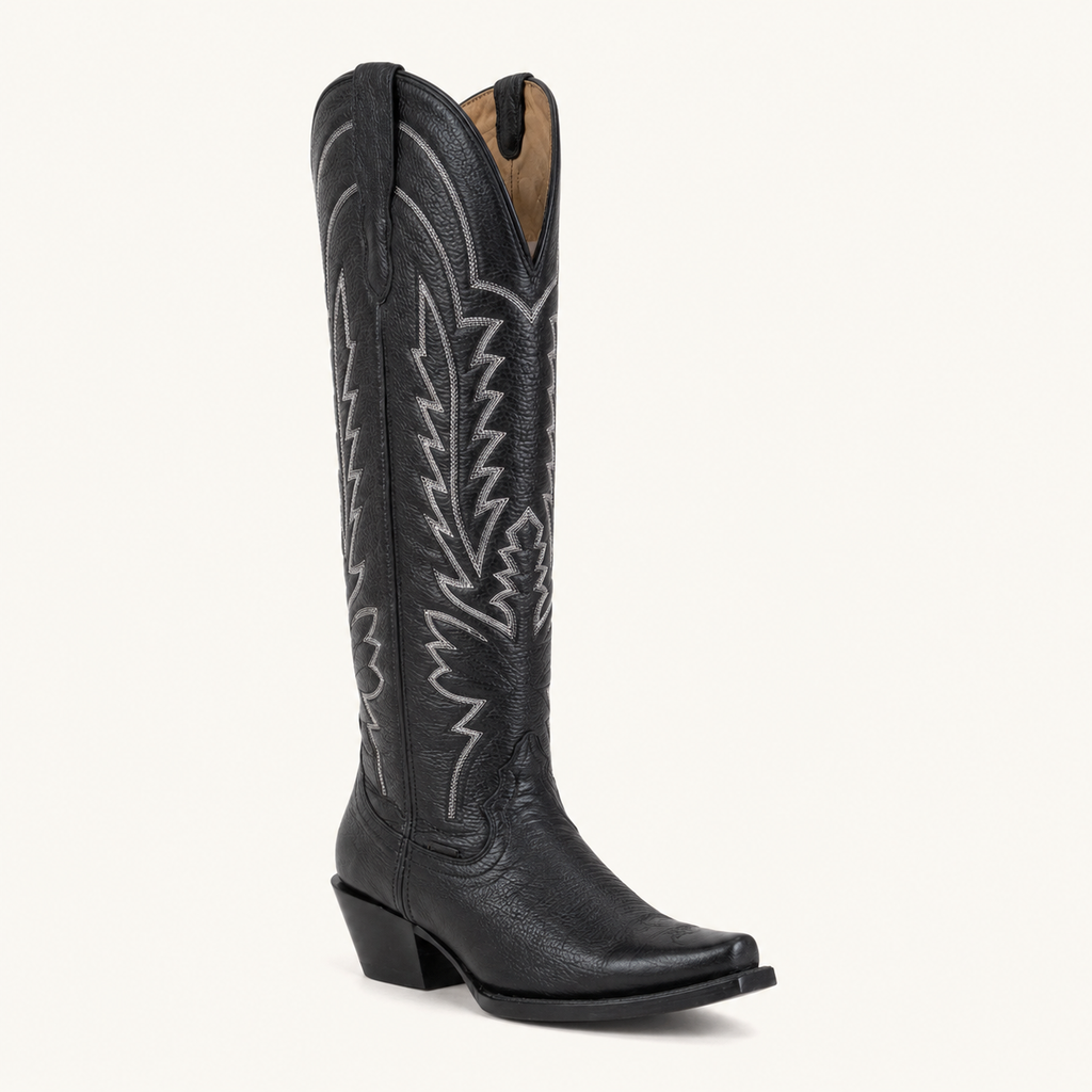 Bota Alta Negra Bordado Blanco Serrana — Cruzalta