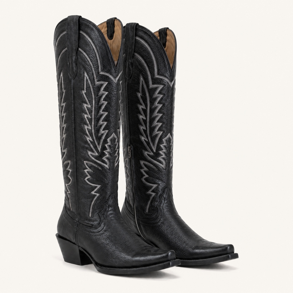 Bota Alta Negra Bordado Blanco Serrana — Cruzalta